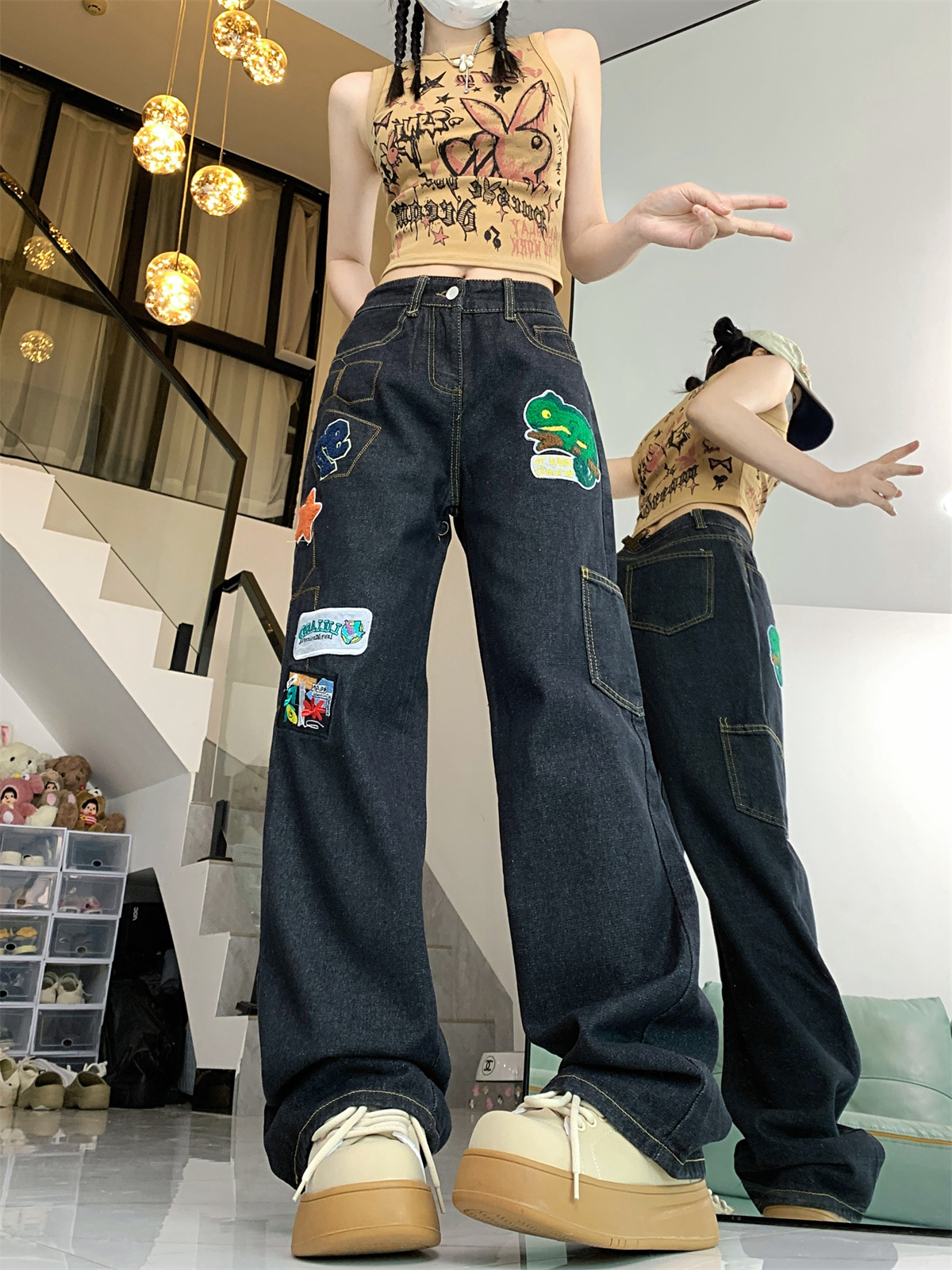 實拍~牛仔褲女直筒寬鬆春秋大碼胖妹妹原宿風復古闊腿褲