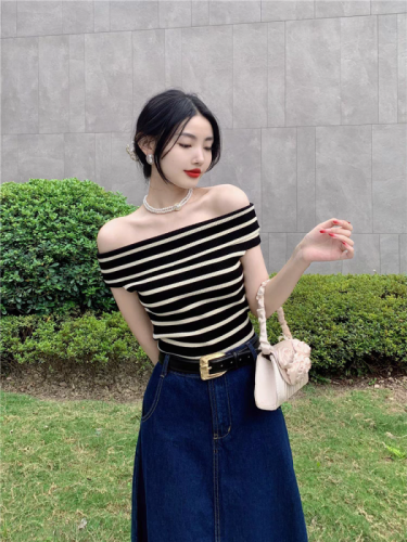 韩国chic夏季气质小性感一字领露肩修身显瘦条纹短袖针织衫上衣女