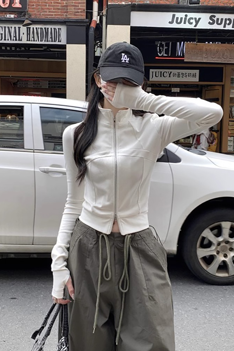 莫代爾 260克雙拉鏈立領針織開衫女春季修身顯瘦小個子短款上衣