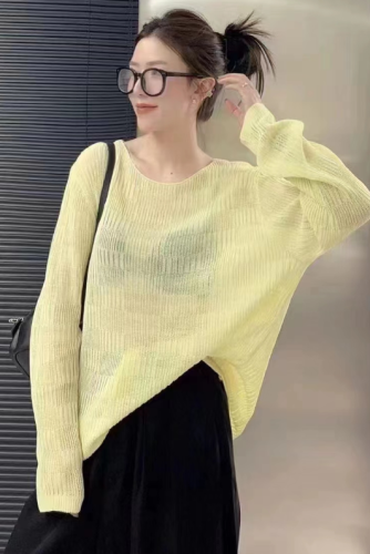 Summer plus size women's ice silk sweater long-sleeved hollow thin outer blouse loose outer sun protection top
