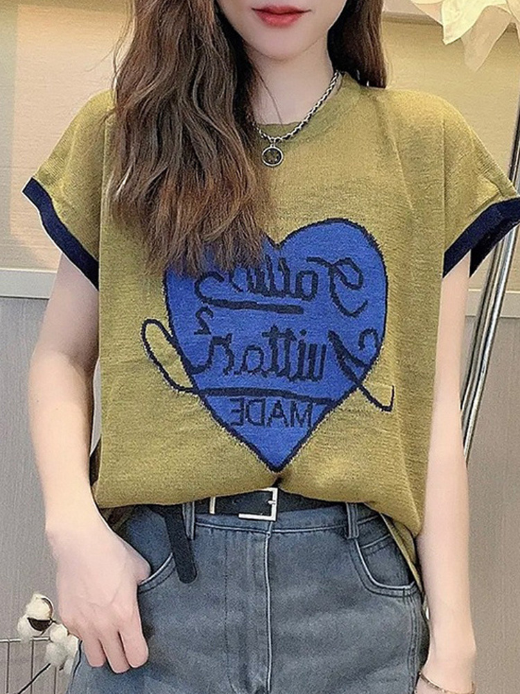 天貓品質刺繡短袖T恤夏季減齡寬鬆顯瘦薄款愛心撞色針織上衣
