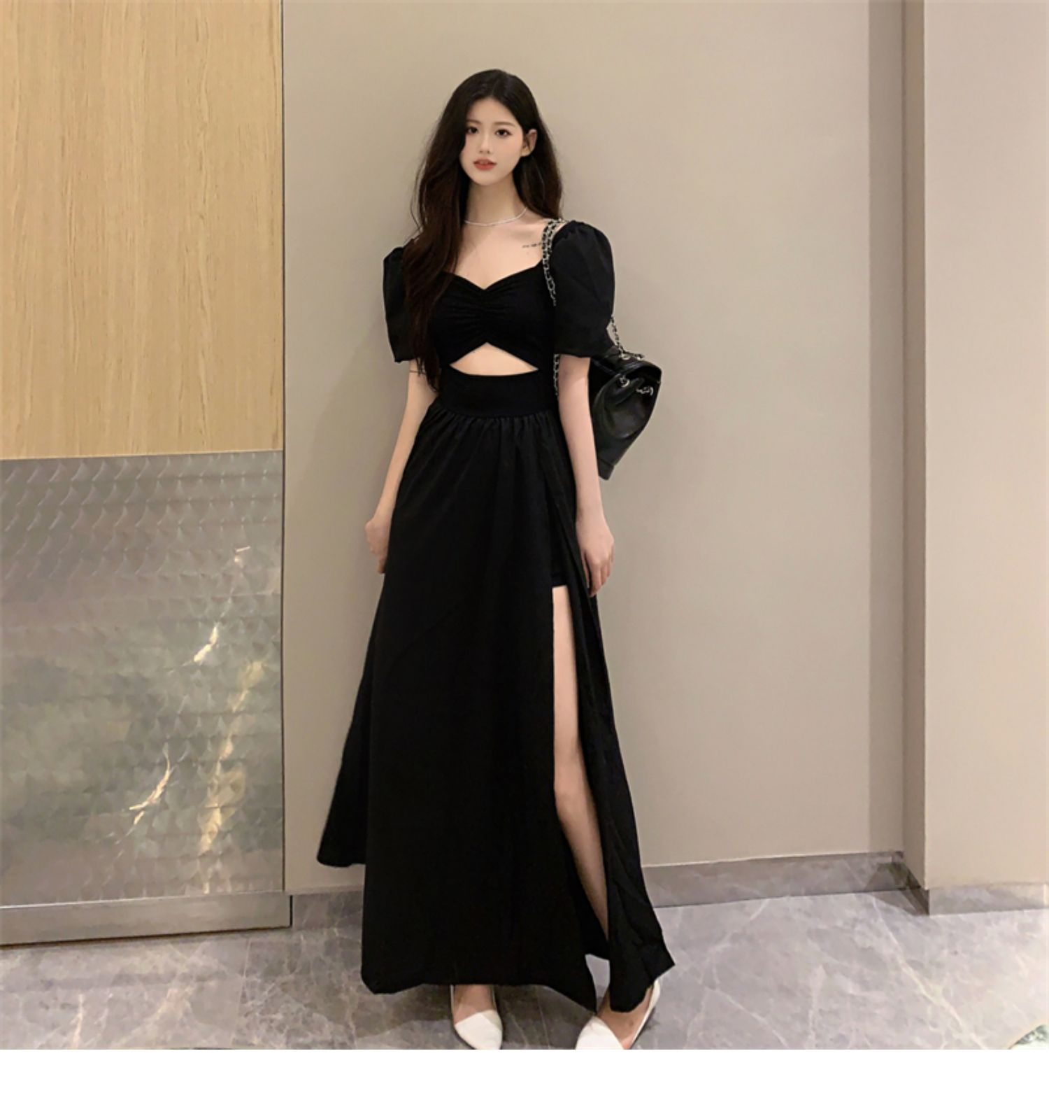 2024新款大碼胖mm法式赫本風連衣裙女裝設計感黑色短袖開叉長裙子