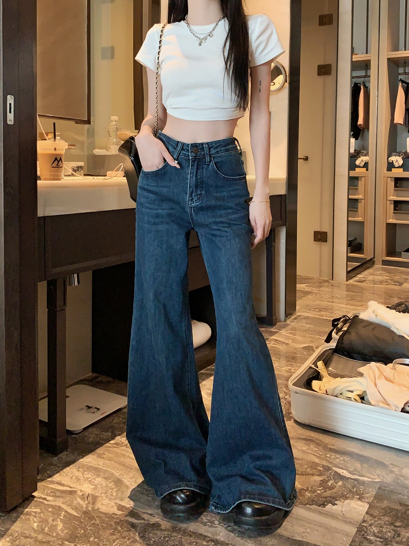 Actual shot #New high-waisted denim trousers for women, washed retro design, wide-footed, floor-length, flared trousers