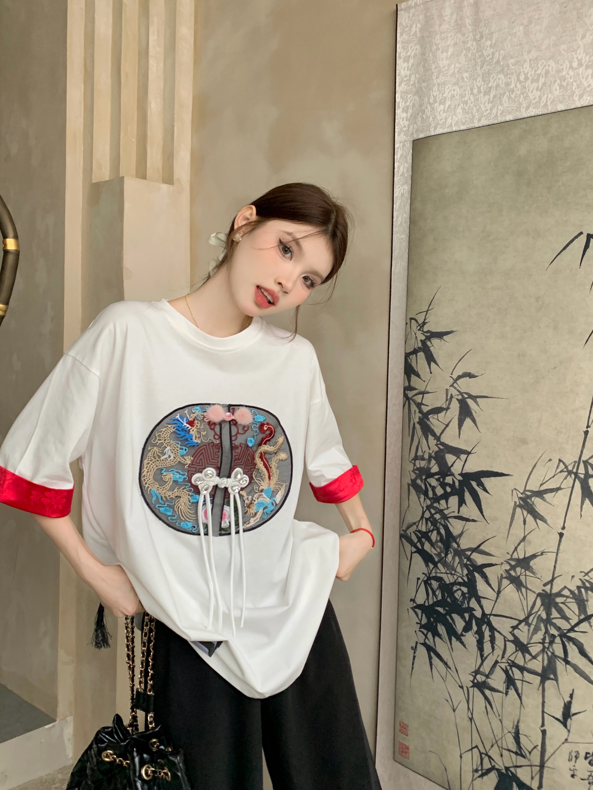 實拍  新中式刺繡T恤短袖女2024夏季國風中長款寬鬆洋氣上衣