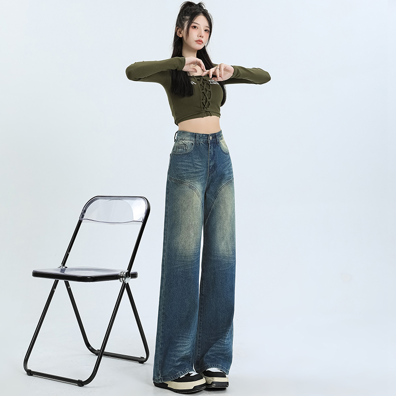 實拍2024春夏闊腿牛仔褲女顯瘦辣妹做舊拖地直筒褲