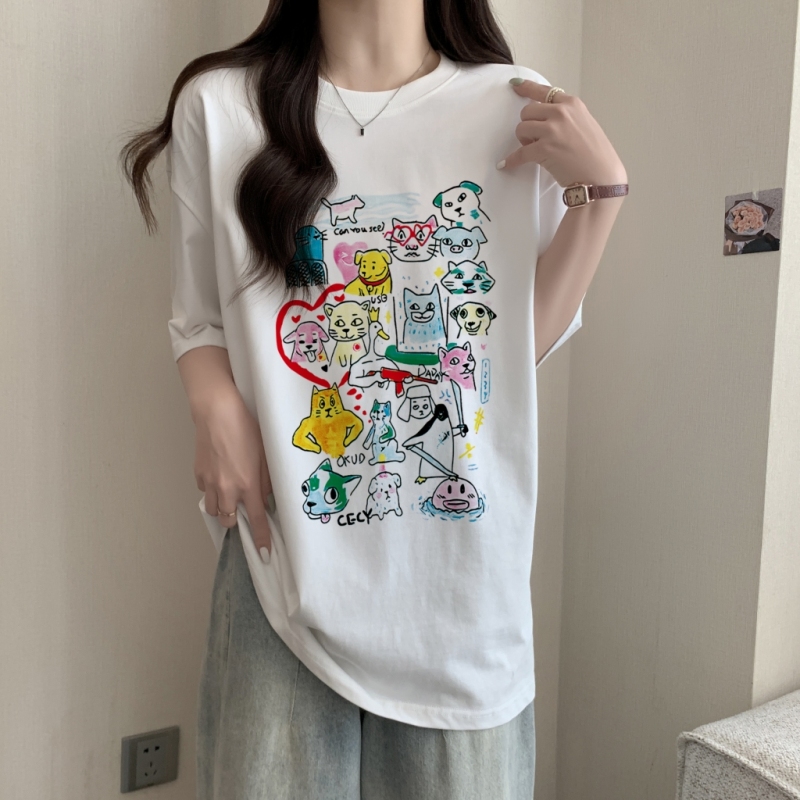 實拍 100%棉精梳純棉 印花夏裝短袖T恤女寬鬆韓版