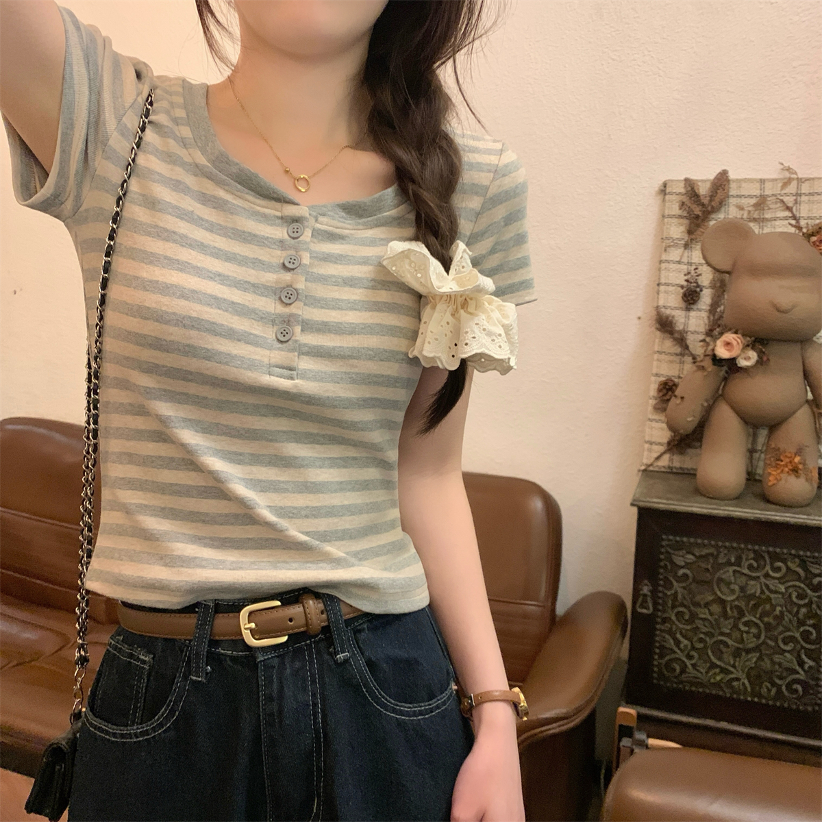 實拍 夏季韓版修身系扣休閒百搭撞色條紋純棉短袖T恤上衣女
