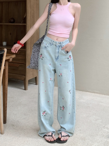 Real shot 2024 spring and summer new heavy industry embroidered flowers casual straight retro wide-leg denim trousers for women
