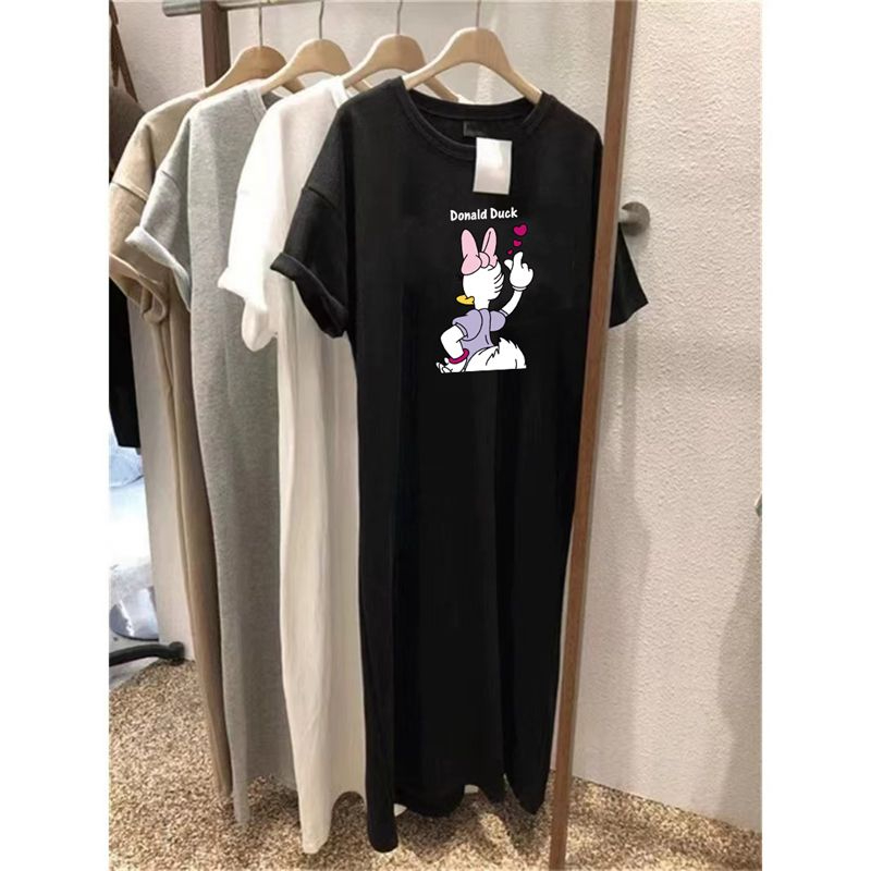 仿棉牛奶絲#過膝長款短袖t恤裙女夏季新款大碼寬鬆胖MM遮肚子顯瘦