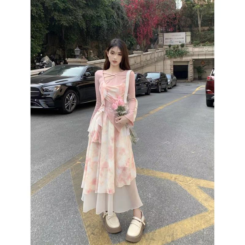 套裝女2024春秋季款甜欲風約會不規則拼接長袖上衣高腰碎花半身裙