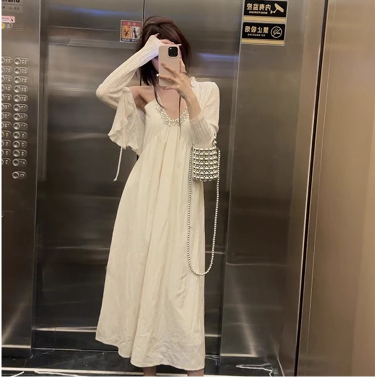 四面彈+里布+拉鏈 重工輕奢鑲鑽V領吊帶連衣裙女純欲風仙女裙子