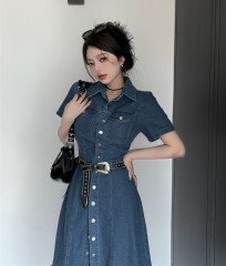 Shot Babe Deep Blue Collarless Tied-Waist Slimming Bodycon Denim Short-Sleeve Dress