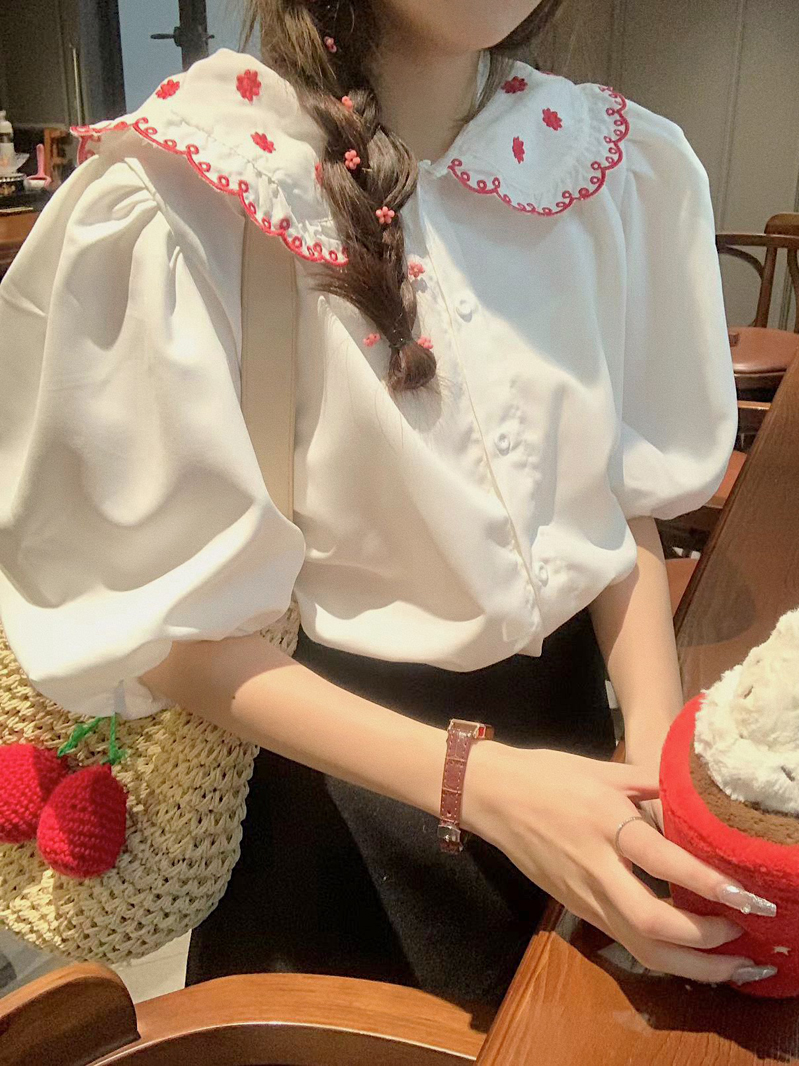 實拍新款甜美娃娃領襯衫夏季設計感小眾泡泡袖上衣服