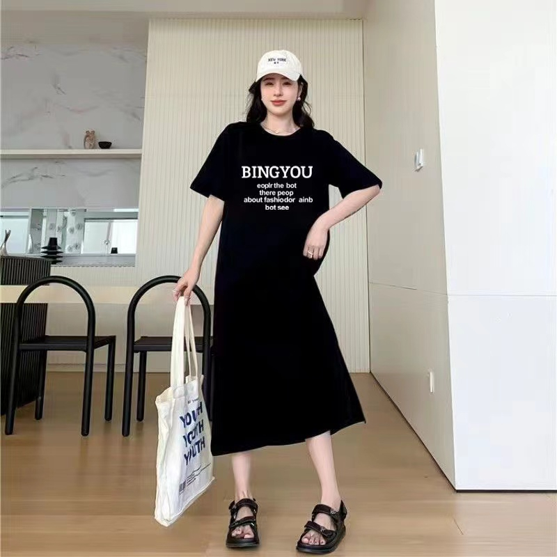 夏季短袖中長款個性字母T恤連衣裙女韓系慵懶風裙子