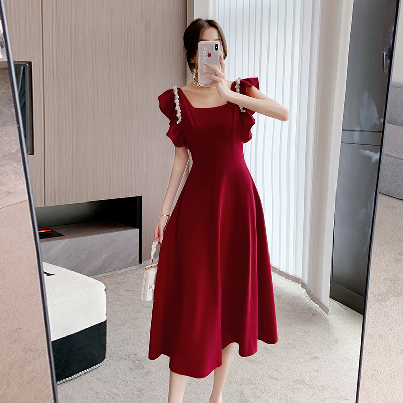 實拍  國風高級感手工訂珠高端紅色連衣裙小禮服裙女夏季新款