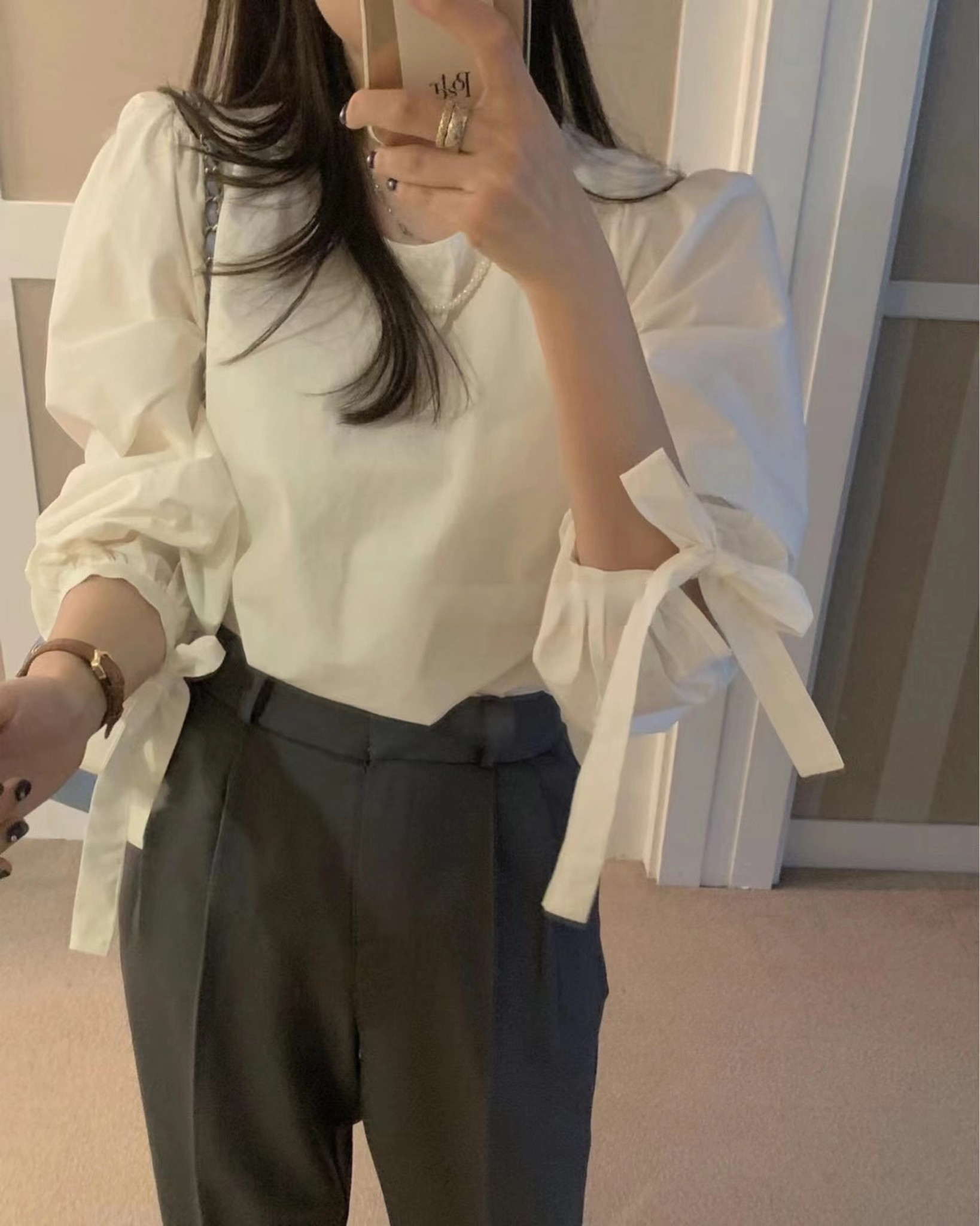 早春韓版氣質甜美袖口蝴蝶結寬鬆休閒圓領襯衫上衣