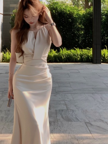 Real shot of white halterneck suspender dress for women summer satin fishtail high-end long skirt