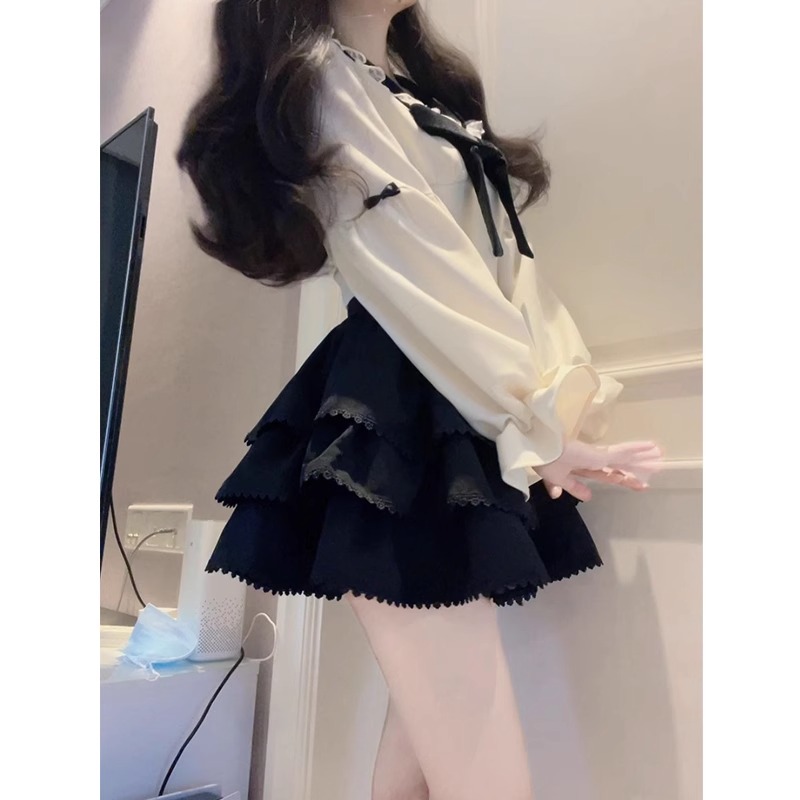 學院風套裝海軍領蝴蝶結短款上衣蛋糕半身裙鹽系輕熟兩件套裙春季