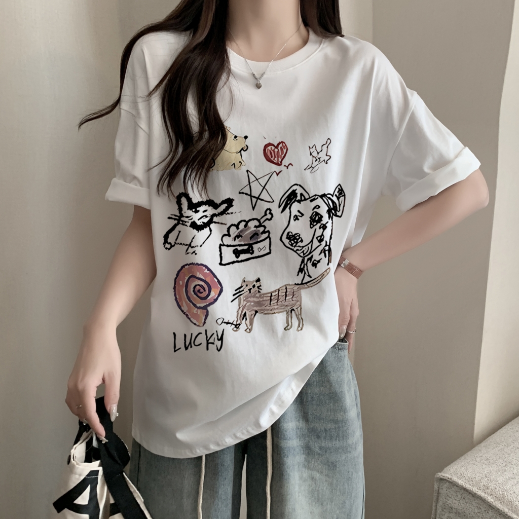 100%棉精梳純棉 印花夏裝短袖T恤女寬鬆韓版