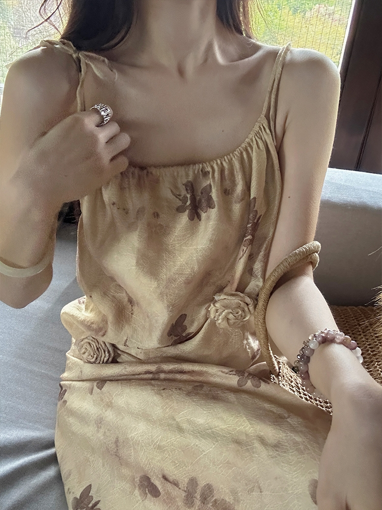 新中式復古水墨印花吊帶連衣裙女2024年春夏季收腰顯瘦氣質長裙子