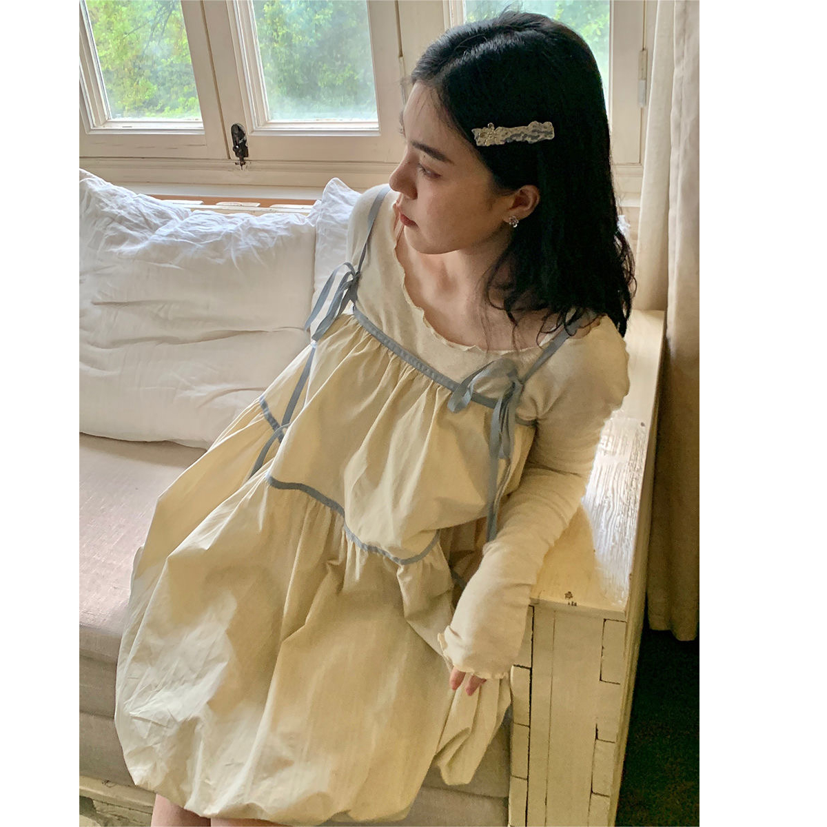 法式復古甜美清新設計感寬鬆顯瘦ins風鵝黃吊帶裙長袖打底衫套裝