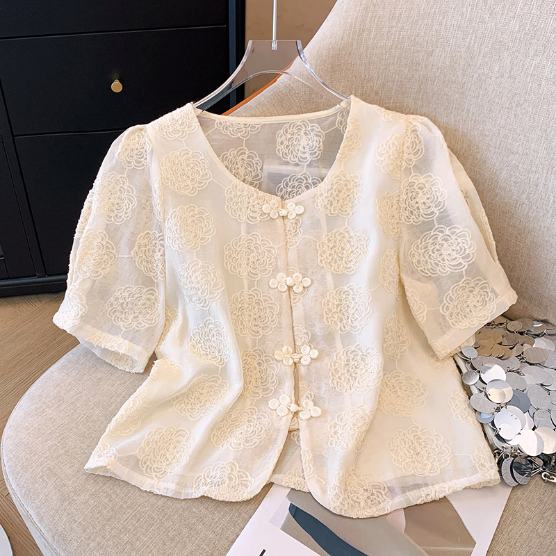 實拍 胖MM大碼夏季新中式盤扣襯衫高級感復古刺繡上衣絕美小衫