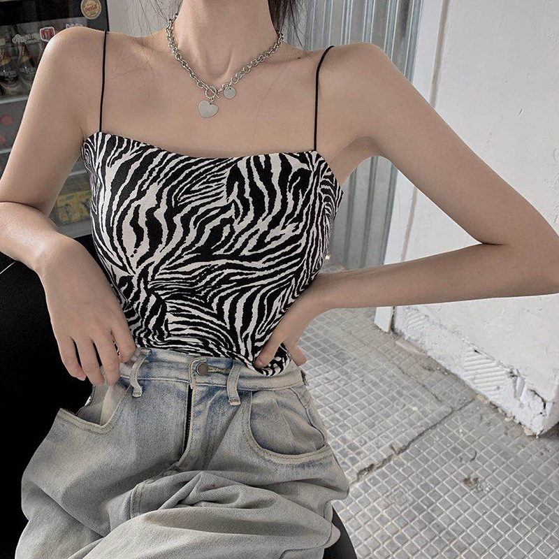 歐美吊帶小背心女夏季性感緊身辣妹短款斑馬紋外穿