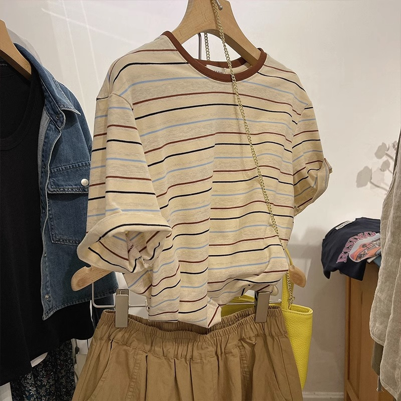 95 cotton 5 spandex quality 240 catties large size Japanese retro contrast color striped T-shirt