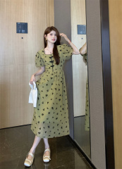 Actual shot of new Chinese design square collar bubble heavy flocking floral loose slimming dress for women