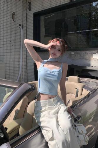 Actual shot of Korean style slimming short sweet and spicy bow-tie camisole bottoming shirt top