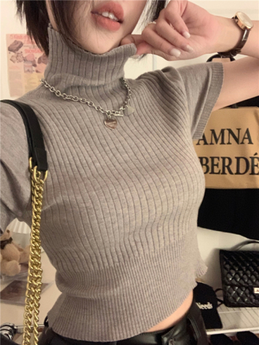 Actual shot of high-neck slim-fitting bottoming sweater for women in early spring, new style inner short-sleeved high-end crop top