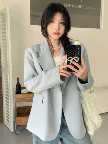 Actual shot: Casual solid color self-contained silhouette black suit jacket for women with one button and diagonal button loose jacket