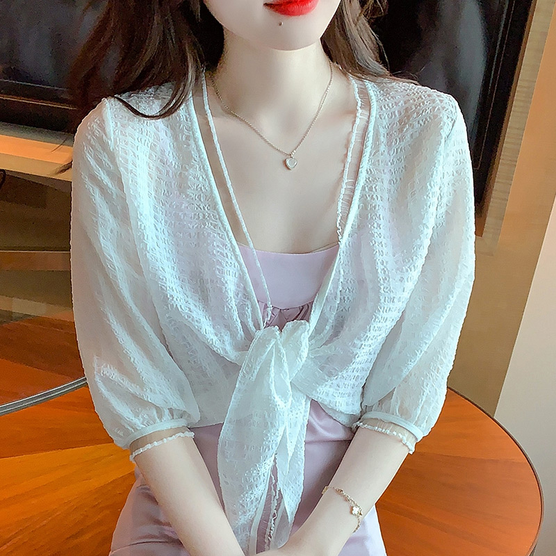 已出貨小披肩外套女2024春夏新款百搭雪紡防曬衣超薄短款外搭開衫