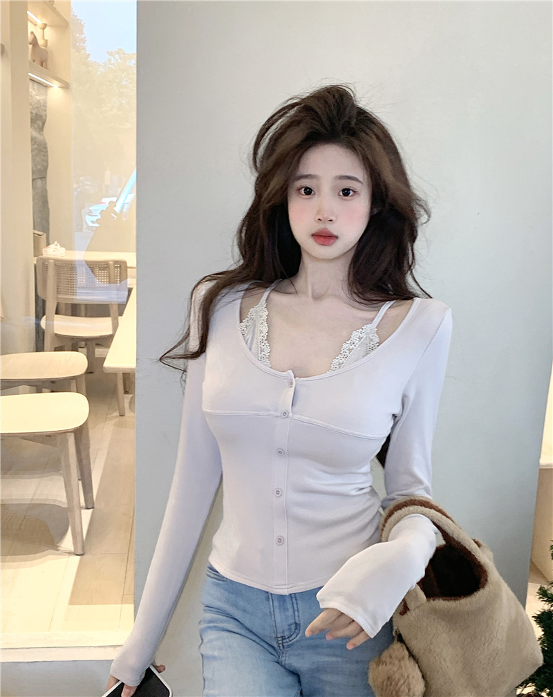 實拍~辣妹性感吊帶假兩件蕾絲打底T恤設計感小眾洋氣短款上衣