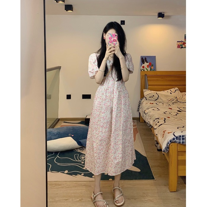 韓系甜美小清新仙女碎花收腰粉色連衣裙2024年夏季新款設計感裙子
