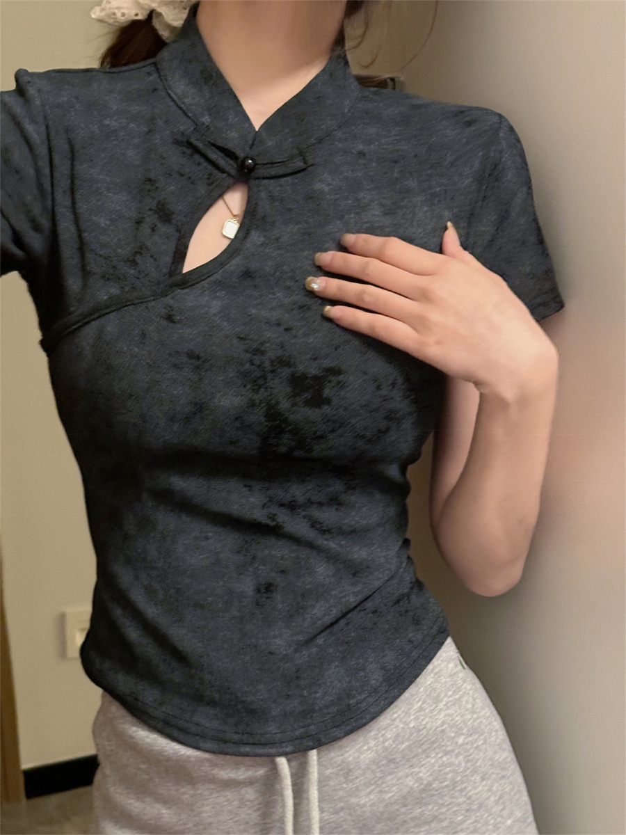 實拍國風盤扣別致上衣女修身短款褶皺T恤洋氣小衫
