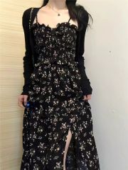 大碼茶歇法式黑色吊帶碎花連衣裙子女夏季法式氣質長裙