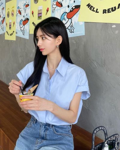 韩国chic休闲时尚设计感小众短袖衬衫女夏季单排扣翻领上衣