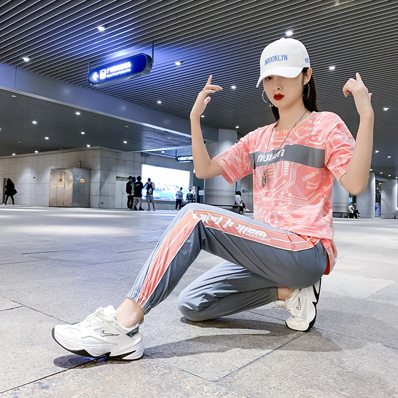 實拍純棉休閒運動套裝2024夏季新款鬼步舞嘻哈時尚套裝女兩件套