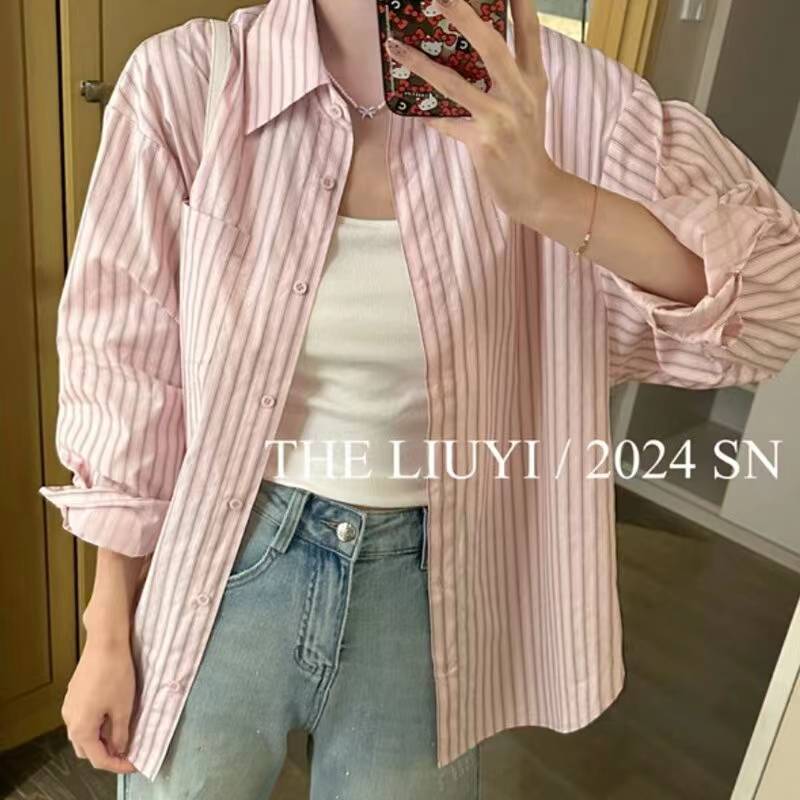 LIUYI白桃汽水~春夏條紋亮晶晶襯衫外套