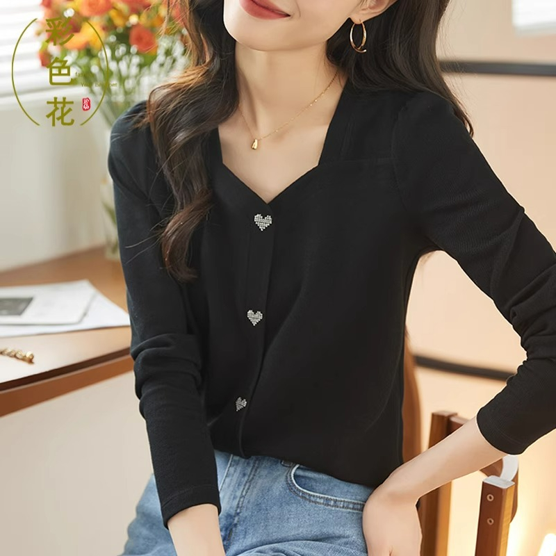 春秋打底衫黑色顯瘦長袖新款寬鬆時尚設計感V領女上衣