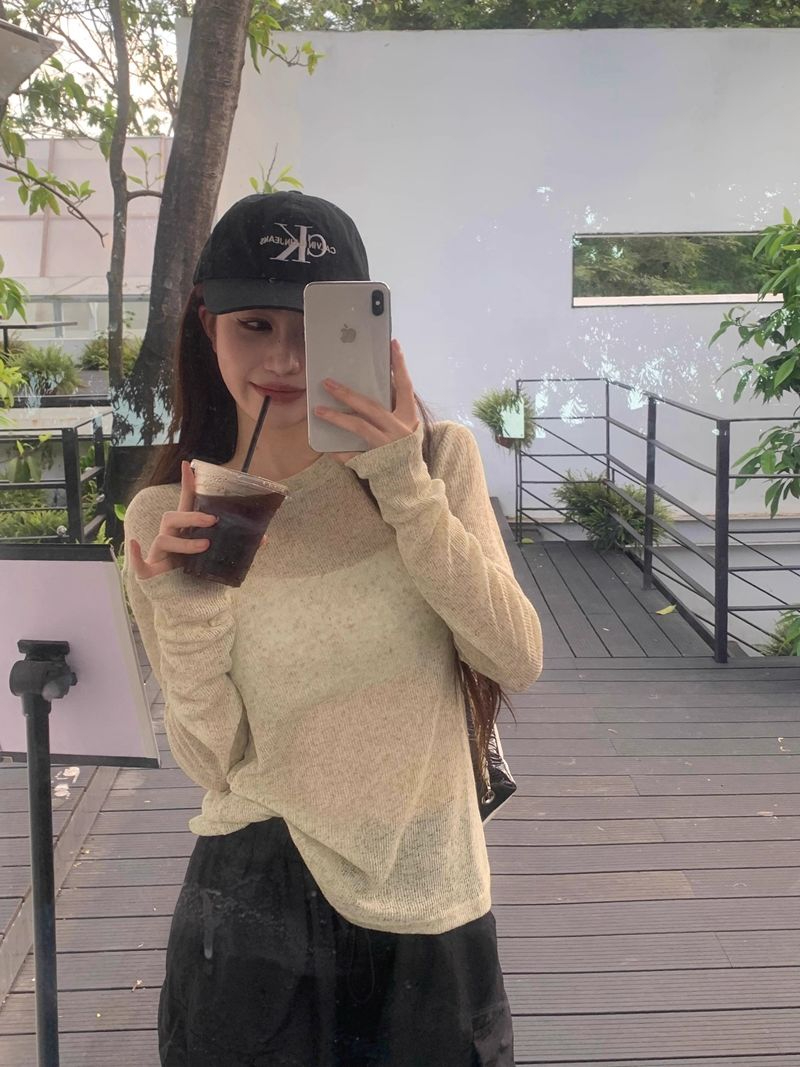 網紗防曬面料慵懶風薄款長袖T恤女罩衫微透防曬衣套頭上衣