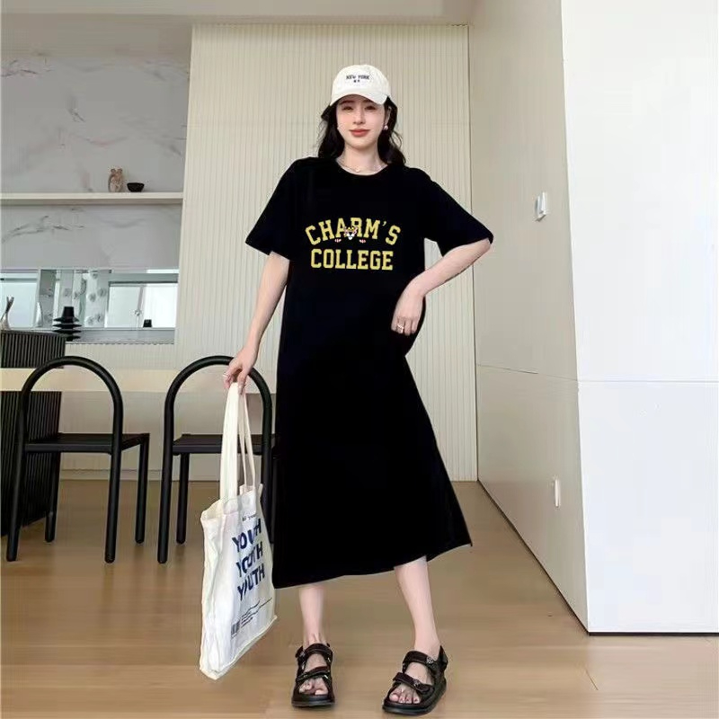 仿棉牛奶絲# 夏季短袖中長款開叉T恤連衣裙女韓系慵懶風裙子