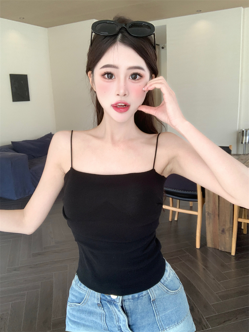 實拍~細肩帶純欲針織背心春夏慵懶感壓褶內搭外穿小吊帶