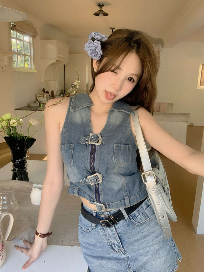 實拍 復古千禧辣妹牛仔掛脖背心女小眾設計感無袖上衣ins潮