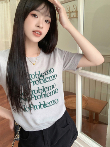 Real shot letter printed round neck short-sleeved T-shirt for women summer new loose slim short sweater top