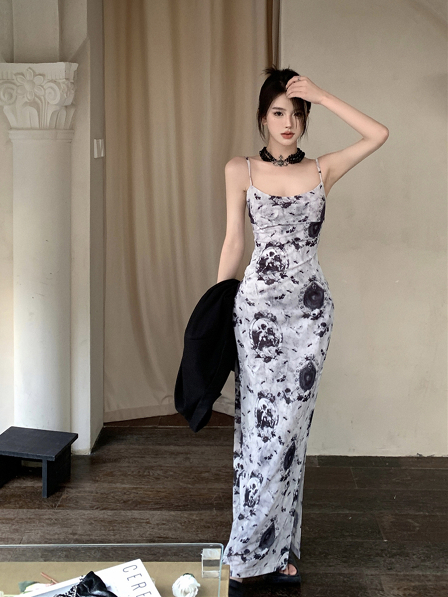 實拍夏季網紗印花吊帶連衣裙女辣妹復古性感顯瘦側開叉長款裙子