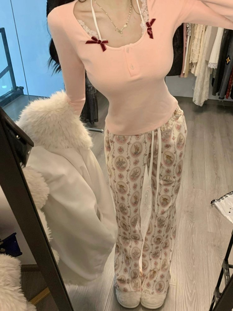 兔子印花設計感微喇褲女2024春秋新款小眾洋氣高級感休閒拖地長褲