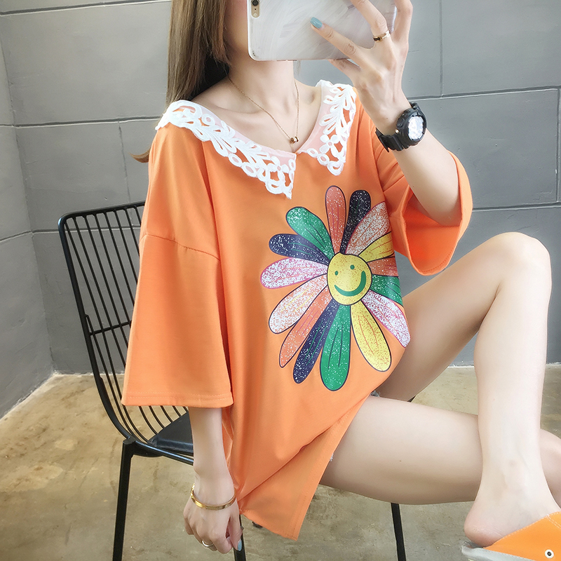 實拍8515棉2024夏季新款寬鬆前後V領潮流印花短袖T恤女