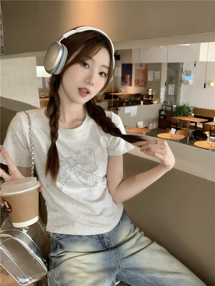 Actual shot~Summer new style round neck waist and hot diamond bow short-sleeved T-shirt